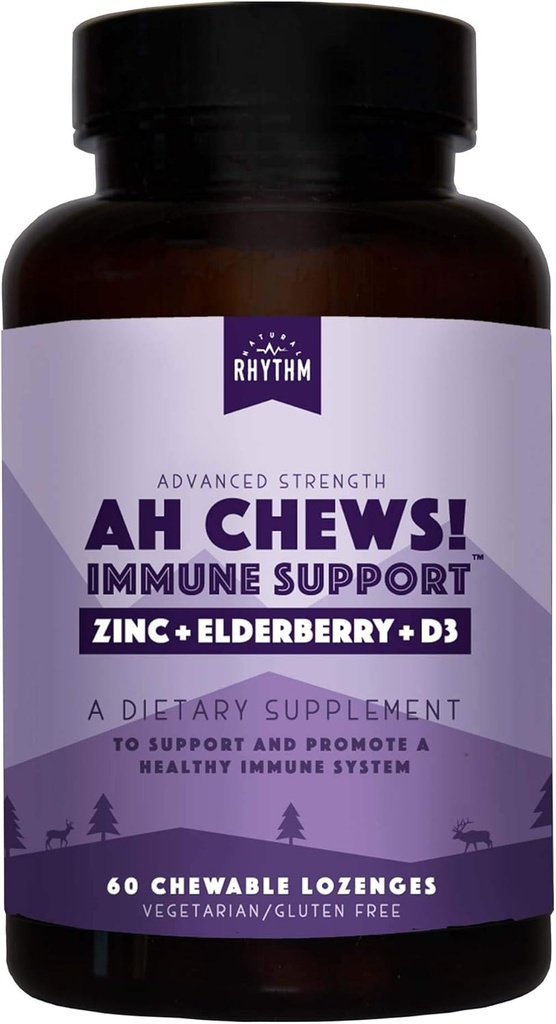 자연 Rhythm Ah Chews! 아이와 성인을위한 면역 부스터 Lozenges, Elderberry, 아연 및 비타민 D3, 60 캡슐과 설탕을 추가하지