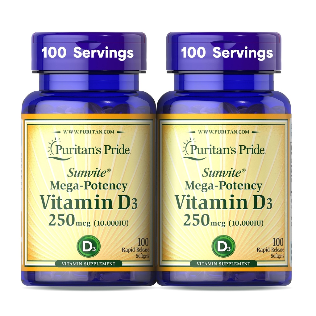 Puritan의 Pride Premium SunviteTM Mega-Potency Vitamin D3 10,000 IU, 건강한 Bones, Teeth 및 Immune System Support, 100 Rapid Release Softgels를 위한 규정식 보충교재