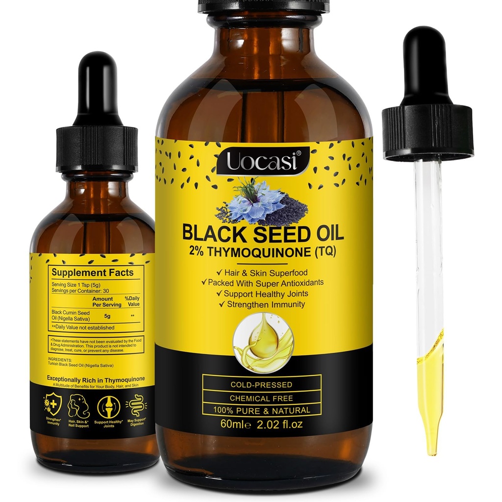 Uocasi 검정씨 기름, 찬 압박되는, 100% 순수한 & 자연적인, 머리 성장 & 피부 관리, 2.02 Fl Oz
