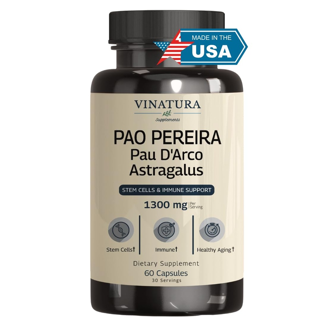 VINATURA Pao Pereira + PAU D'Arco, Astragalus - 1300MG 서빙, 미국 제작 및 테스트, 줄기 세포 및 면역 지원, 60 캡슐