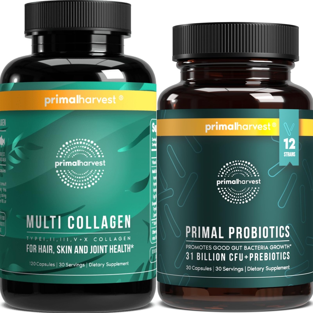 Primal Harvest Probiotics & Multi Collagen은 여성 및 남성 Pre 및 Probiotics를 31 억 CFU 및 Collagen Peptides 알약 번들로 보충합니다.