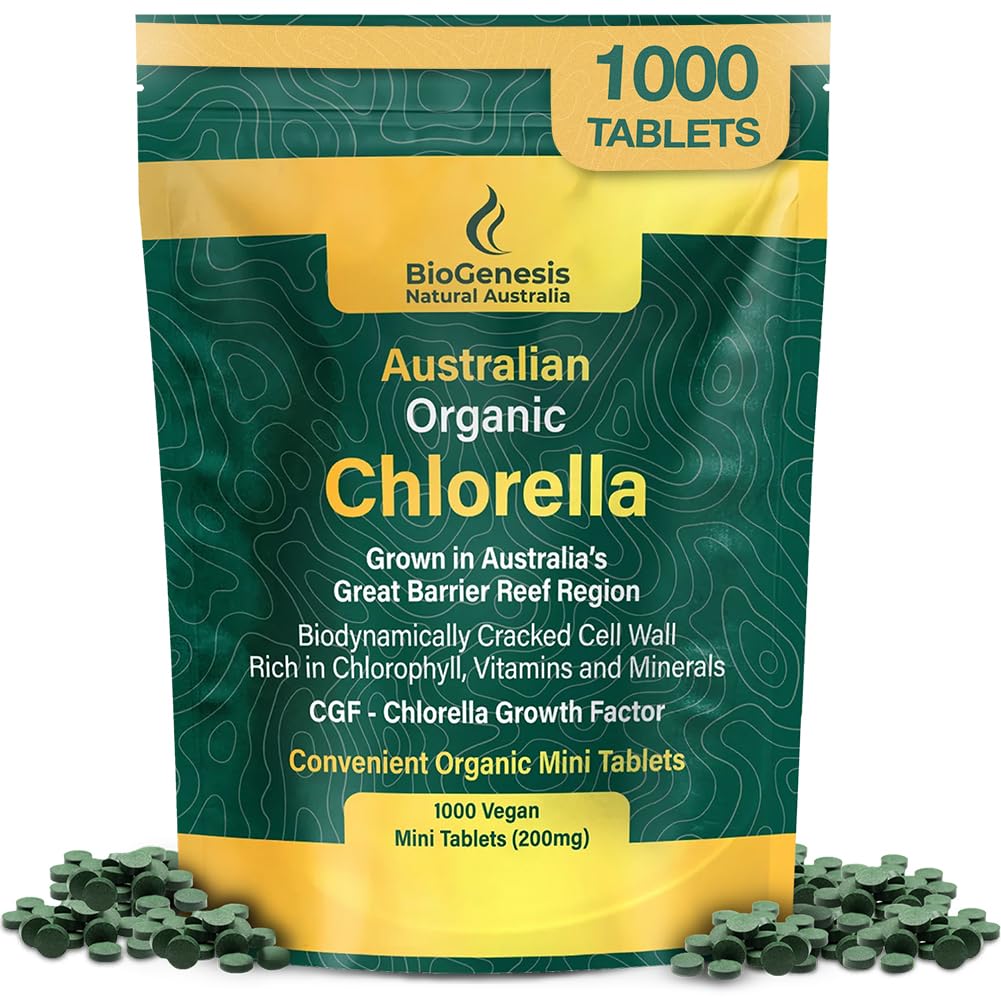 Biogenesis Organic Chlorella Mini Tablets - 1000 Count (200mg) | 호주 Grown | Chlorophyll, 비타민 및 미네랄이 풍부한 | 에너지 및 면역성이 지원 | Vegan Mini Tablets