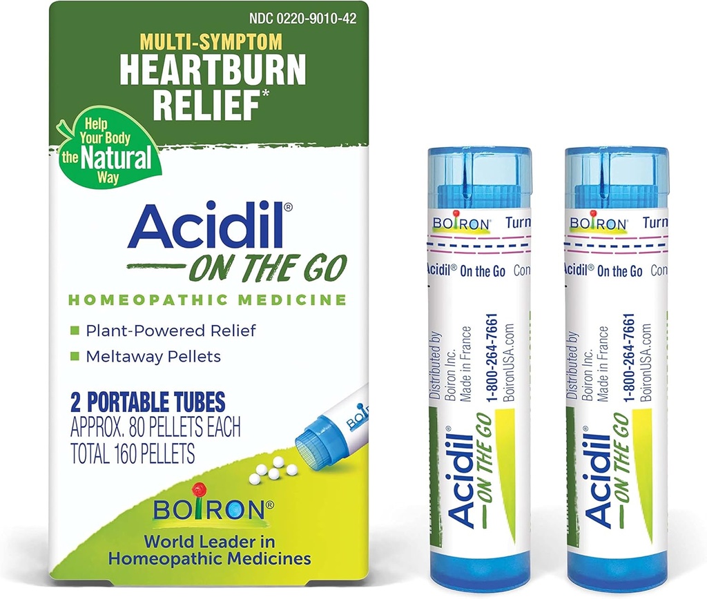 산 Reflux, Heartburn, Indigestion, Bloating 및 Upset Stomach의 기복을위한 Go Travel Essential에 Boiron Acidil - 2 카운트 (160 펠릿)