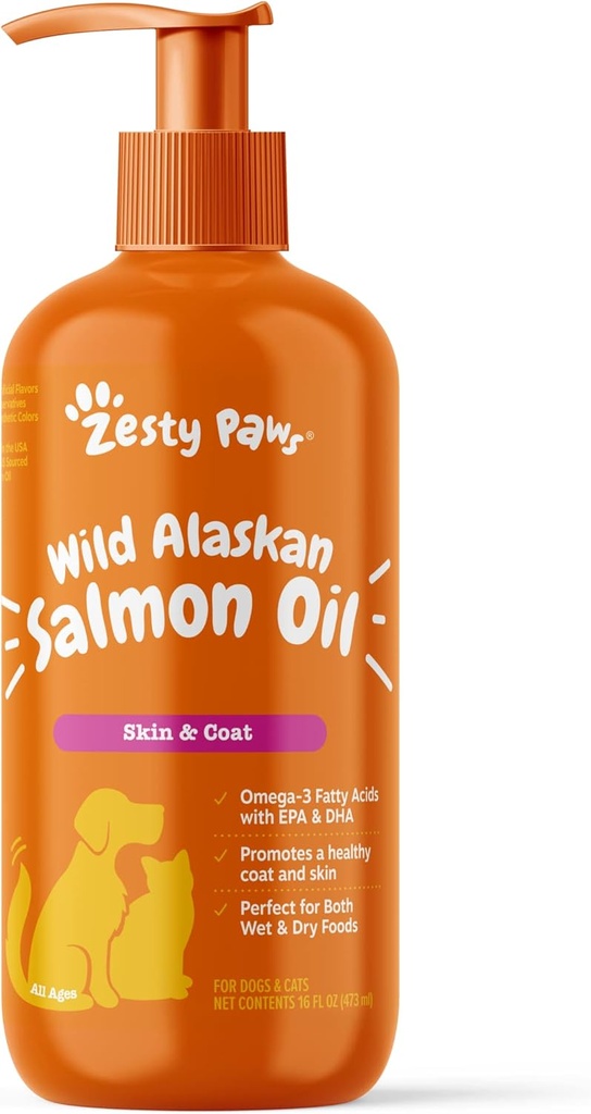 Zesty Paws Wild Alaskan Salmon Oil for Dogs and Cats- Skin and Coat Support, 애완 동물을위한 오메가 3 보충, 16oz, 펌프 탑