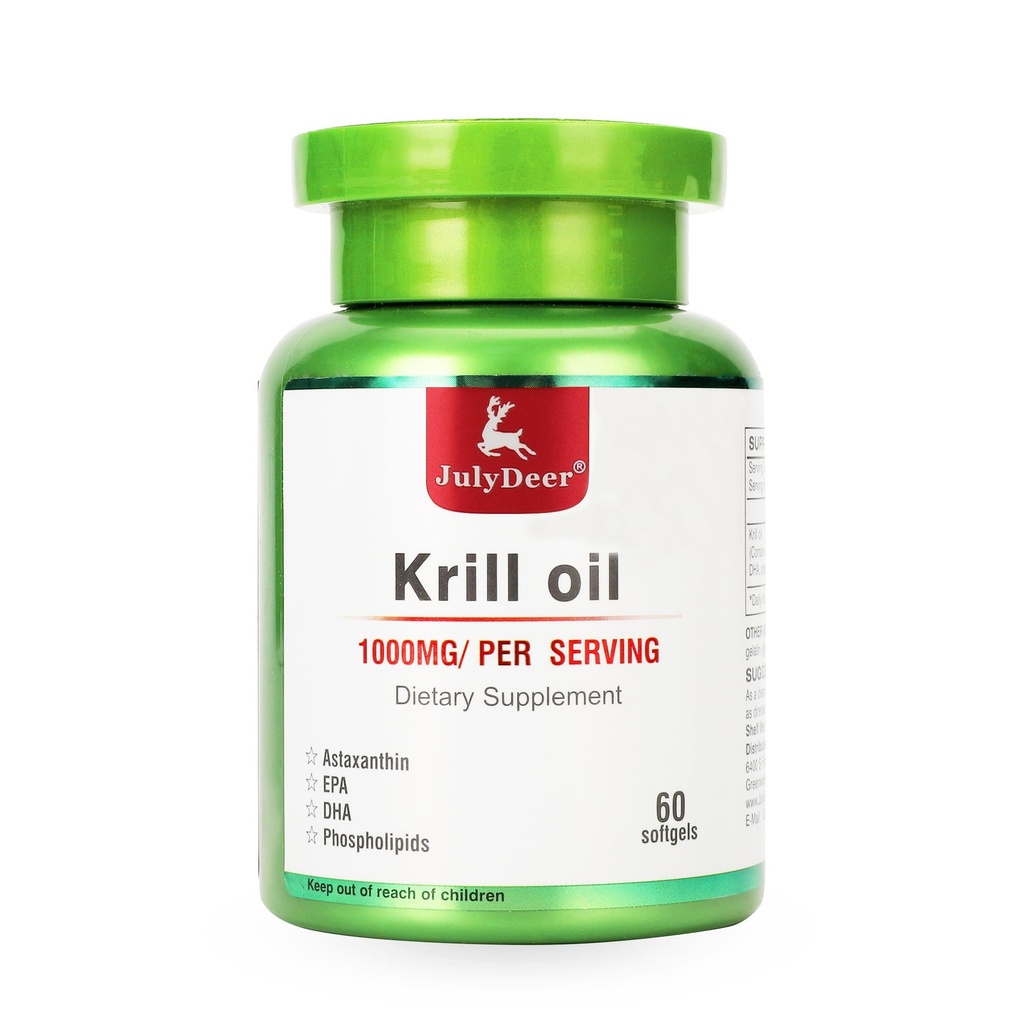 JulyDeer 남극 Krill 오일 1000 mg Omega-3s EPA, DHA, Astaxanthin 및 Phospholipids 60 Softgels 보충교재 관절, 심장, 뇌 및 면역성에 대한 Fishy Aftertaste 없음