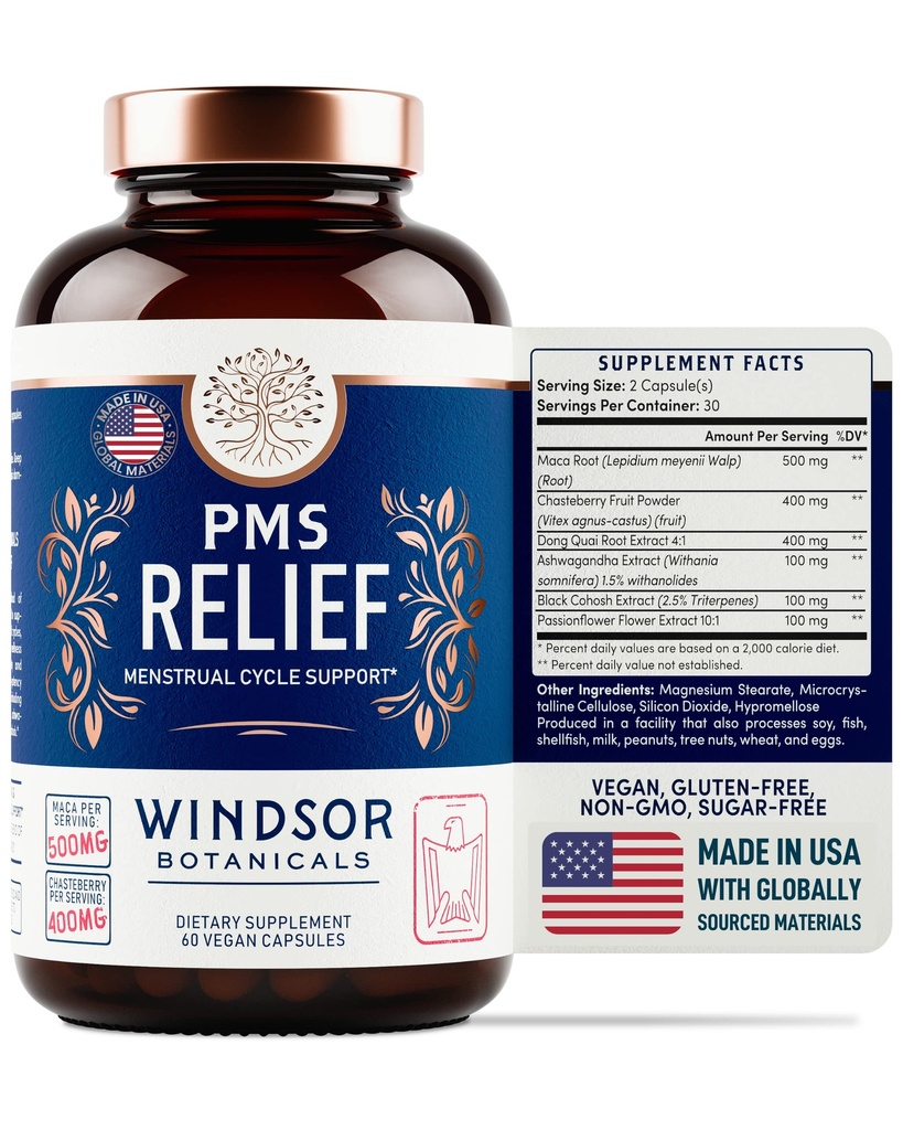 PMS는 Chasteberry, Maca Root, Ashwagandha를 가진 여자를 위한 보충교재를 지원합니다 - 여자를 위한 기간 기복, 훈제 지원, 호르몬 균형 초본 보충 교재 - 30 일, 60의 Vegan 캡슐
