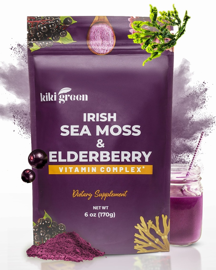 KIKI Green Sea Moss Powder with Elderberry - Vegan Superfood Multivitamin Blend - 면역 부스트 및 지원 - 스무디, 주스, 6 oz에 추가