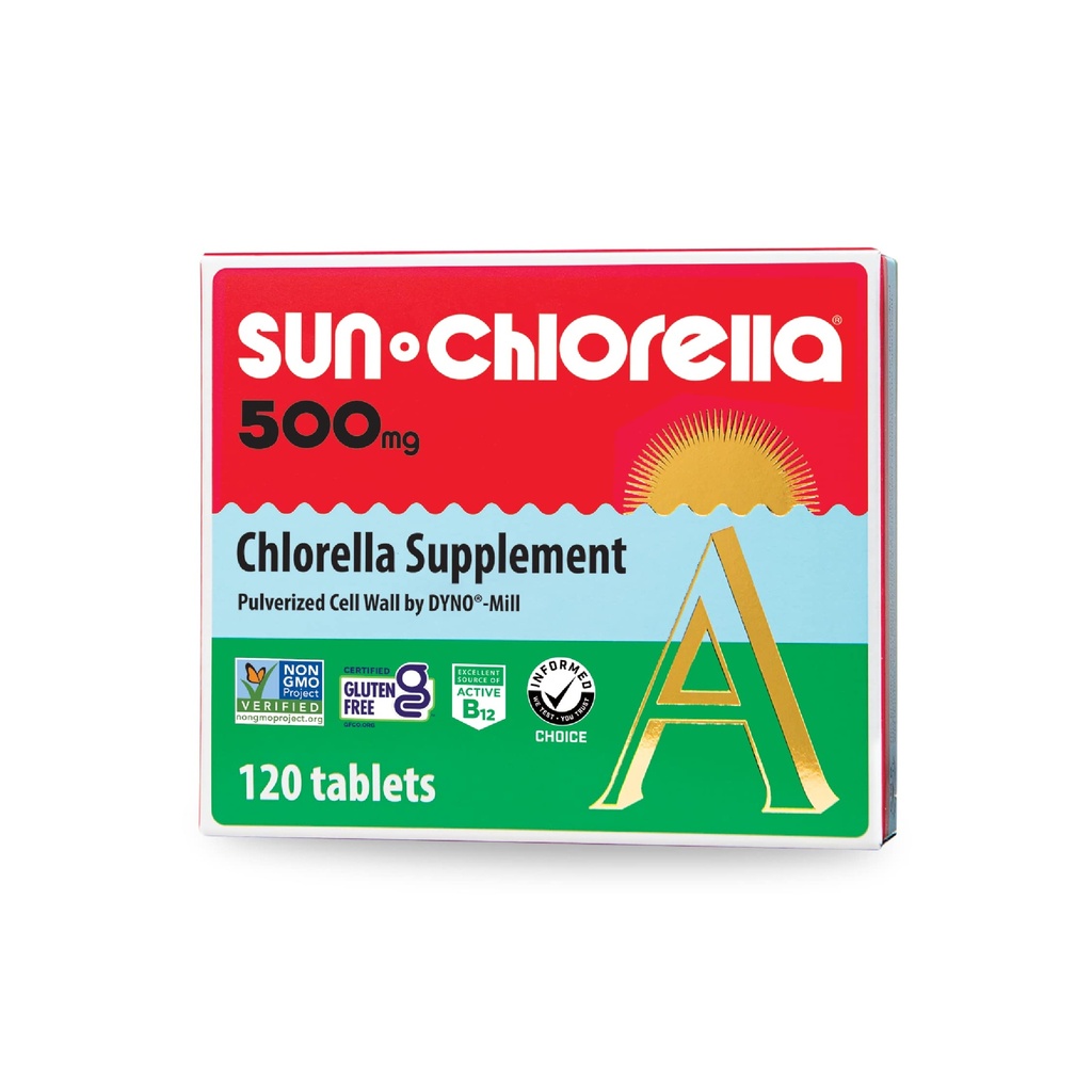 Sun Chlorella 500mg 전체 바디 웰니스 그린 조류 슈퍼 푸드 보충 - 면역 방어, Gut 건강, 자연 정화, 에너지 부스트 - Chlorophyll, B12, 철, 단백질 - Non-GMO - 120 정제