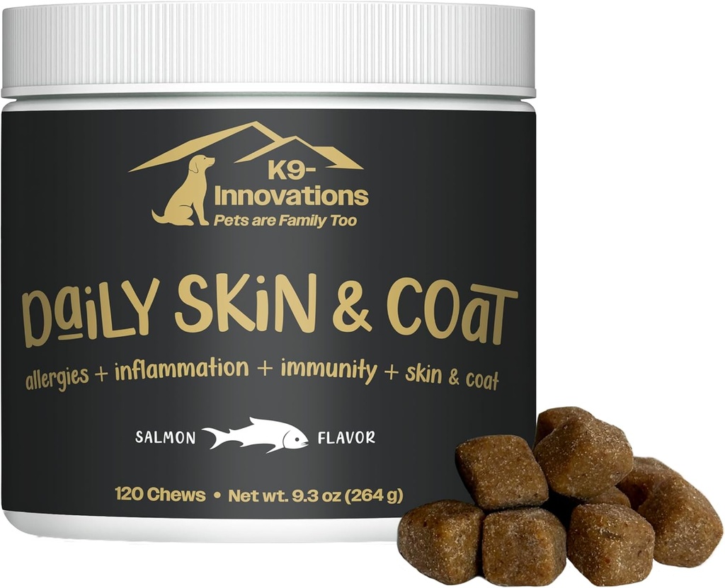 K9-Innovations - 매일 피부 & 외투 개 Chews 살몬 맛 - 가려움증 & Paw Chewing, 오메가 3 & VIT C 피부 건강 - 1-4 개월 공급 (120qty)