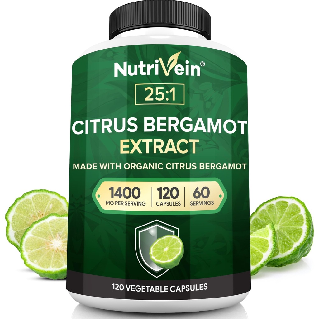 Nutrivein Premium Citrus Bergamot 보충교재 1400mg 25:1 Bergamia 추출물 - 60 일 공급 (120의 캡슐): 강력한 이탈리아 Citrus Bergamot 1400 mg+ 높은 농도 - 심장과 Circulatory 체계