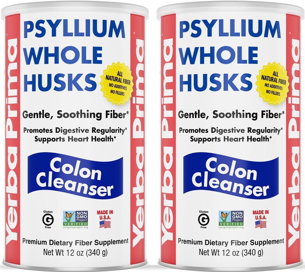 Yerba Prima Psyllium Whole Husks, Colon Cleanser 12 oz (Pack of 2) - 모든 천연 규정 섬유, 순수 프리미엄 심플, 실험실 테스트 비 GMO, 글루텐 프리 섬유, 미국에서 만든