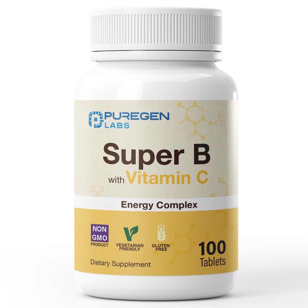 Puregen Labs 슈퍼 B 에너지 단지 비타민 C - 면역 건강, 에너지 및 신경 시스템 지원 - 비 GMO, 글루텐 프리 100 채식 정제