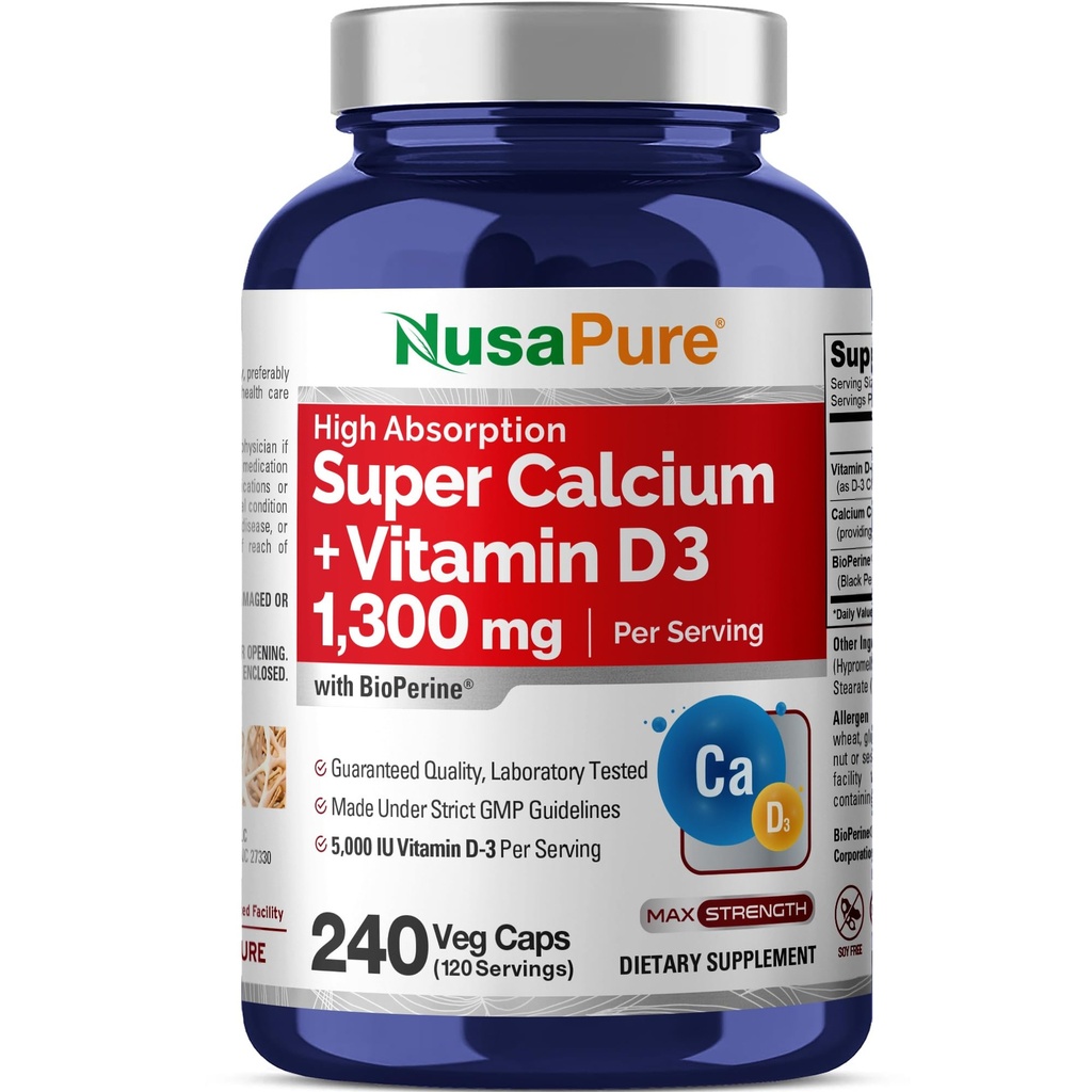NusaPure 최고 칼슘 1300mg의 비타민 D3-240 Veggie 모자 (비 GMO, Soyfree, Bioperine)
