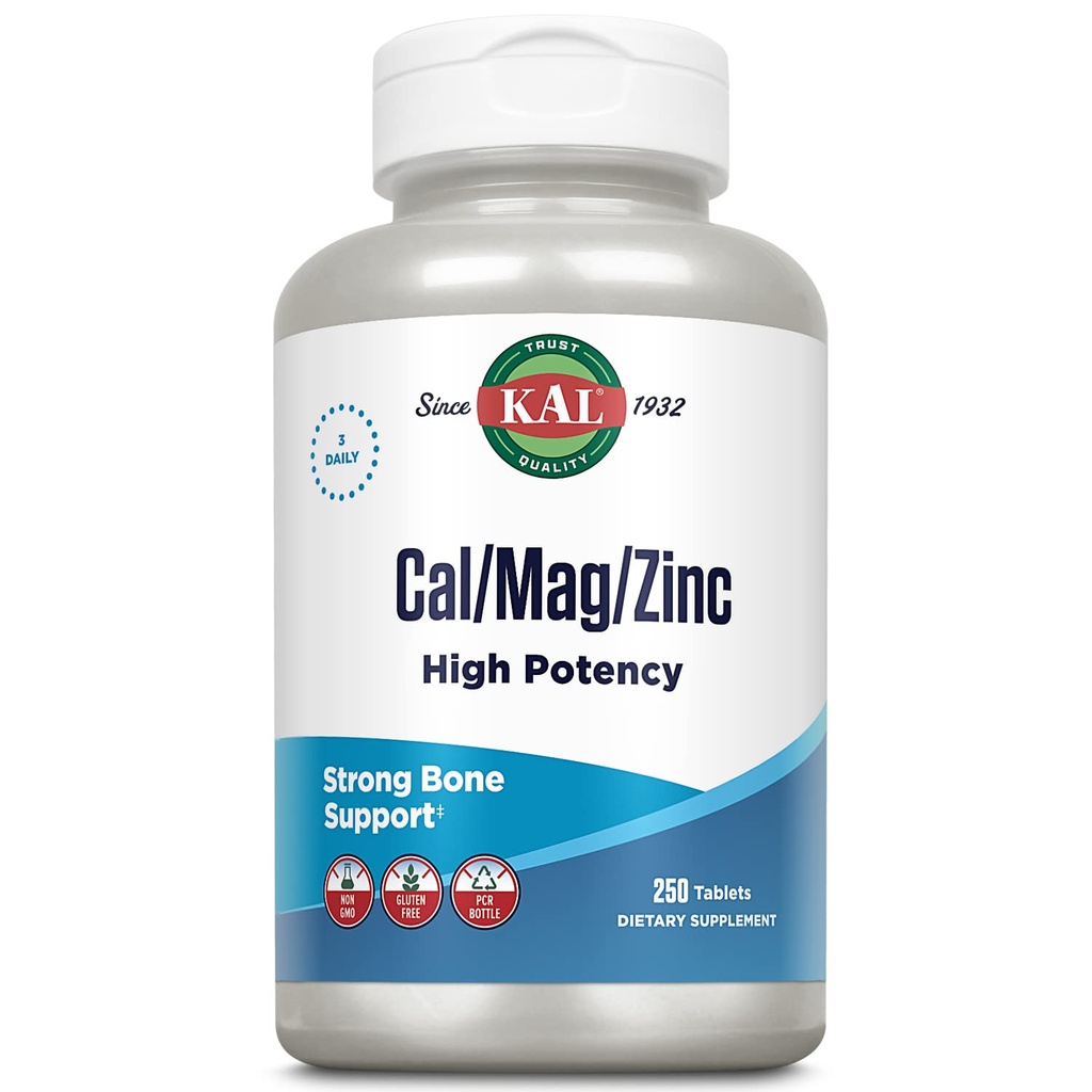 KAL Cal/Mag/Zinc | 1000mg 칼슘, 400mg 마그네슘 & 15mg 아연 | 뼈, 근육, 심장 및 면역 지원 | 250ct, 83 Serv.