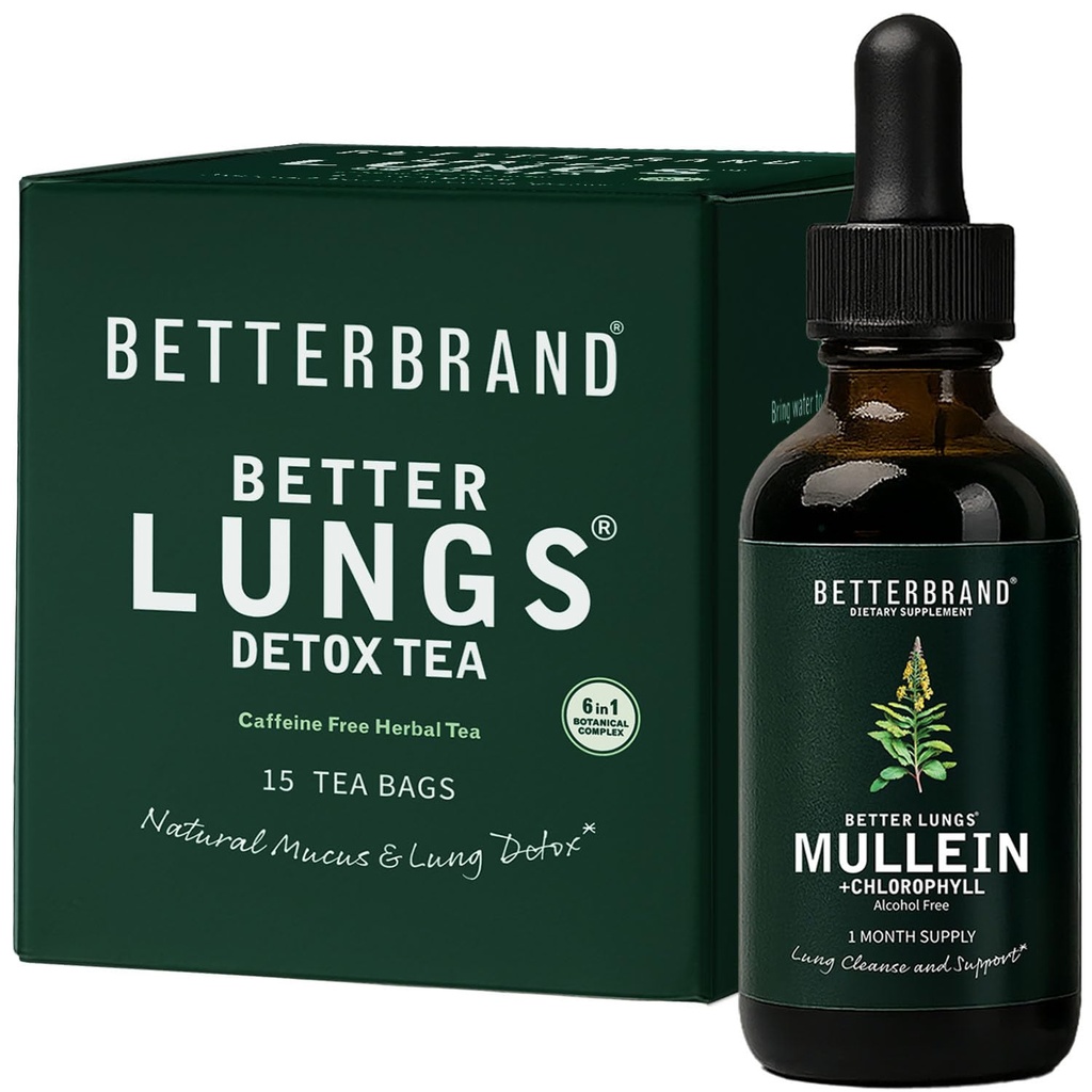 Betterbrand BetterLungs 건강 팩 - 더 나은 Lungs Detox Tea & Mullein Leaf Tincture Drops | (2) 매일 호흡 웰빙