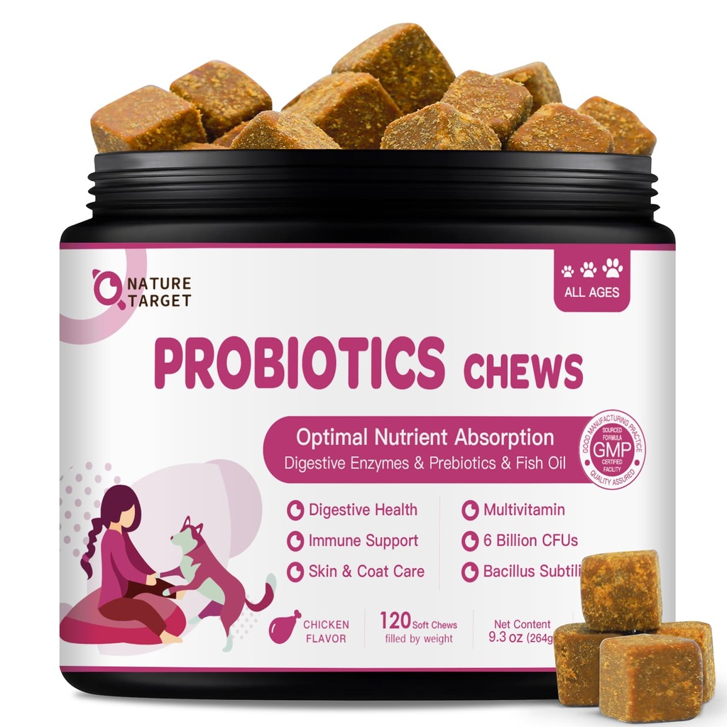 개를위한 자연 TARGET Probiotics & Digestive Enzymes for Digestive Health - 알레르기 및 면역 및 가려운 피부, 120 닭 맛 Probiotic Soft Chews에 대한 물고기 오일 및 비타민 보충