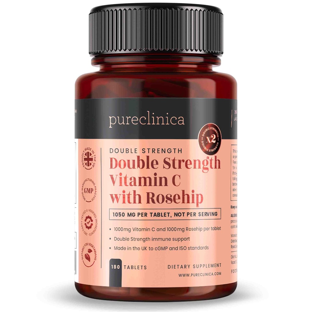 로즈힙을 가진 순수한 진료소 비타민 C - 2000mg (1000mg VIT C & 1000mg 로즈힙 추출물) x 180 정제 - 6 개월 공급!