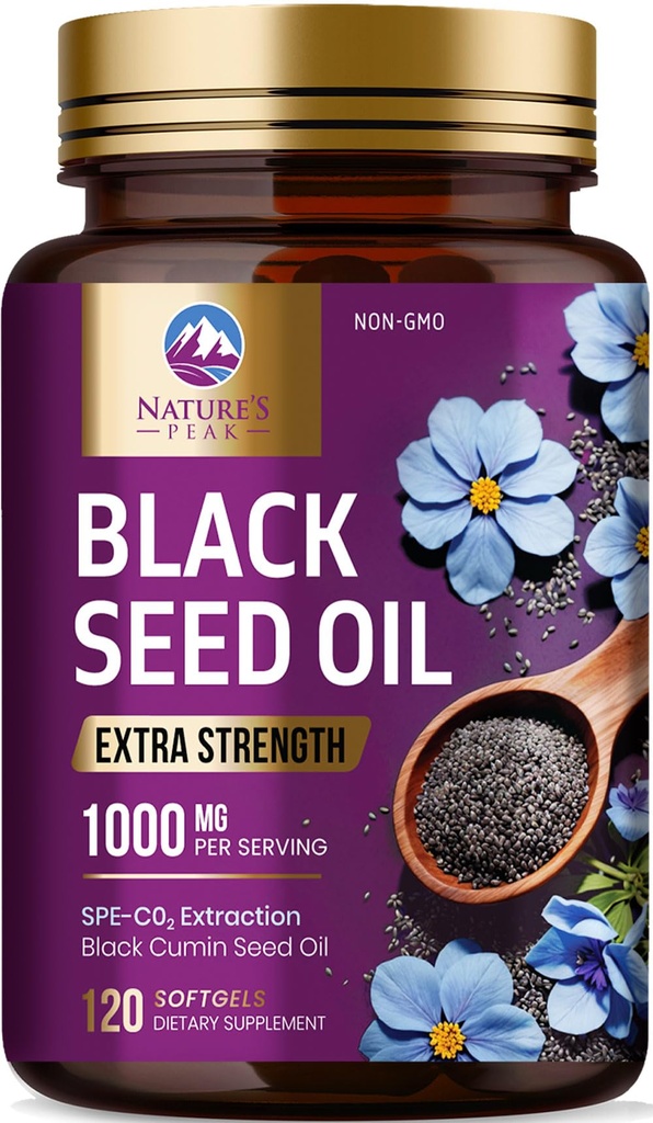 Black Seed Oil 1000mg - 프리미엄 추가 강도 Nigella Sativa Blackseed Oil - Black Seed Oil Skin, Digestive Health & Immune Support - 비 GMO 산화 방지제, 글루텐 무료 보충 - 120 Softgels