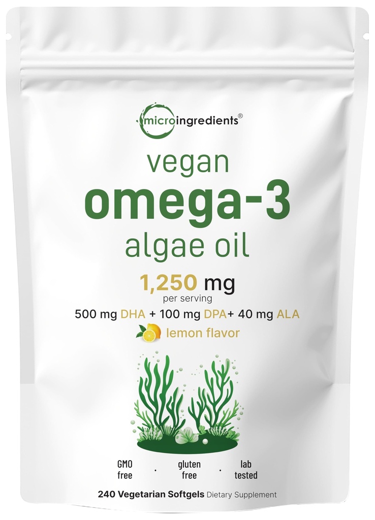 마이크로 재료 Vegan 오메가 3 조류 오일, 240 Veggie Softgel | 생선 기름 대안 | DHA 500mg & DPA 100mg | Carrageenan Free | 식물 기반 오메가 3 개, Flaxseed & ALA | 레몬 맛
