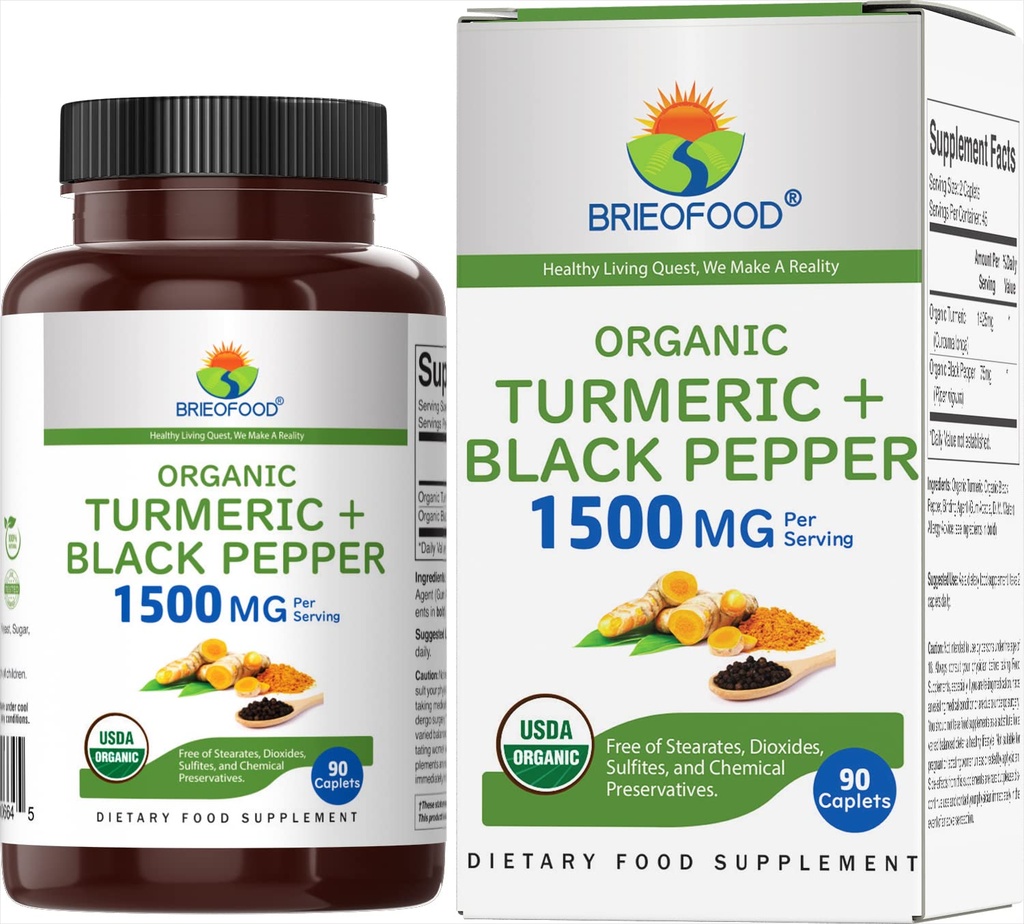 Black Pepper 1500mg, 45 서빙, 채식, 글루텐 무료, 90 채식 정제가있는 Brieofood 유기 심황
