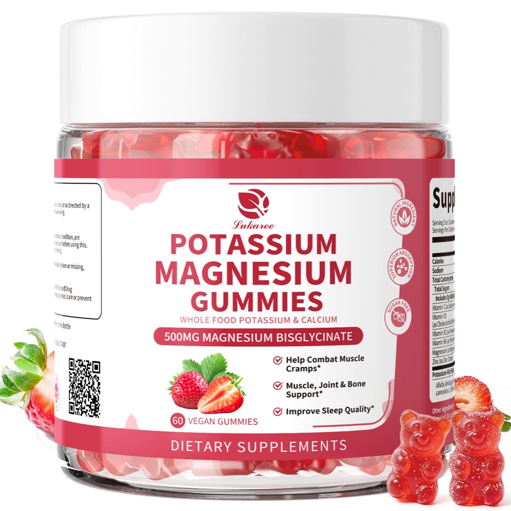 마그네슘 칼륨 보충교재 Gummies - 새로운 공식 Calm 마그네슘 Glycinate Gummies & 칼륨 Citrate 200 mg 플러스 Omega 3, B6, D3, K2 & Zzz를 위한 칼슘, 다리 크림 & 근육 - 120 조사