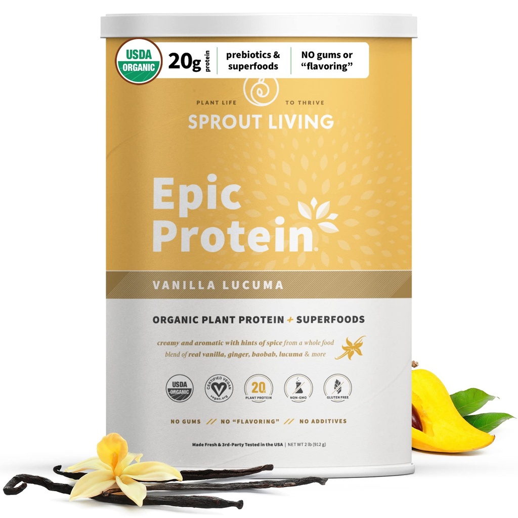 Sprout Living Epic Protein, Plant Based Protein & Superfoods Powder, Vanilla Lucuma Powder | 20 그램 유기농 단백질 분말, Vegan, Non Dairy, Non-GMO, Gluten Free, Low Sugar (2 파운드, 24 서빙)