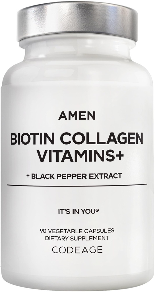 Amen Biotin Collagen Vitamins+ 10,000 mcg Biotin 보충교재 - 가수분해된 교원질, 비타민 C & E, Folate, Hyaluronic 산, Keratin, MSM의 톱 팔로토 - 3 달 공급 - 비 GMO - 90의 캡슐
