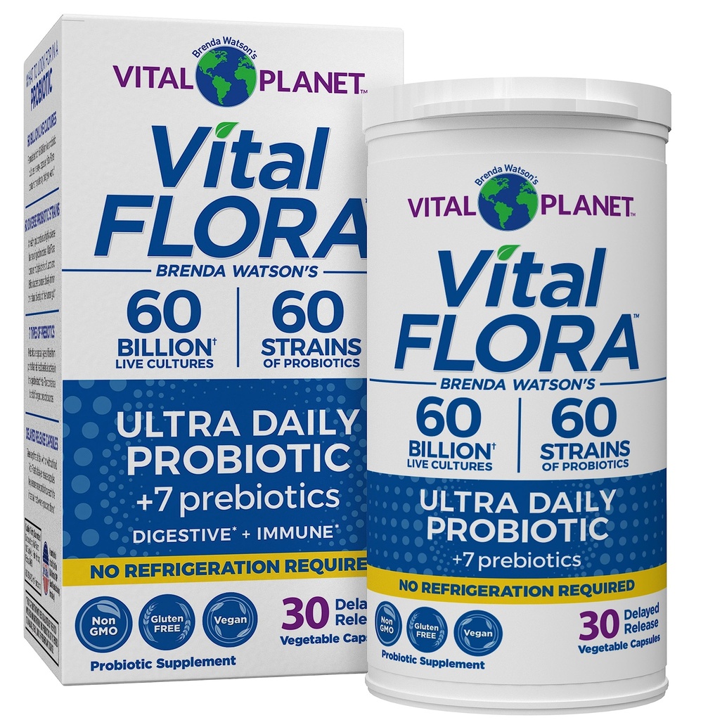 Vital Planet - Vital Flora Ultra Daily Probiotic 60 Billion CFU, 60 Diverse Strains, 7 유기 Prebiotics, Immune 지원, 여성 및 남성 30 캡슐에 대한 소화 건강 선반 안정 프로바이오틱스