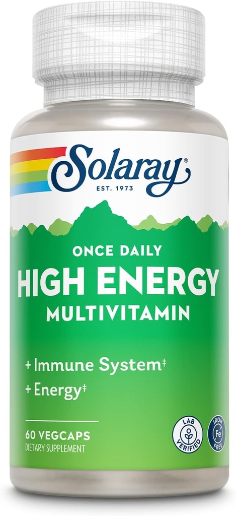 SOLARAY 매일 고에너지 Multivitamin, Iron Free, Immune System and Energy Support, Whole Food and Herb Base Ingredients, 남성 및 여성 멀티 비타민, 60 서빙, 60 VegCaps
