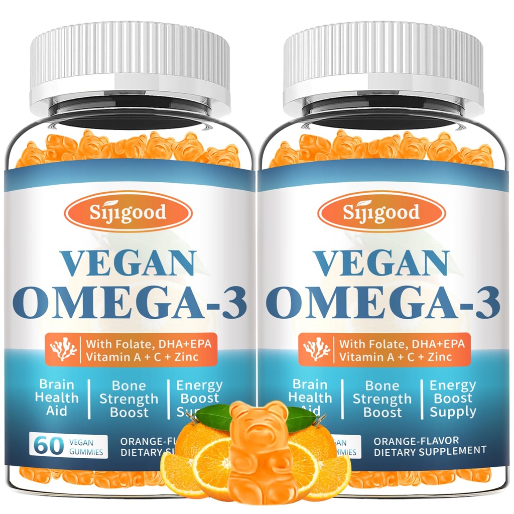 2 팩 Omega-3 Gummies 유력한 조류 오메가 근원, 부스트 뇌, 눈 & 면역 기능, DHA와 EPA Vegan & Sugar Free, 오렌지 풍미, 120 조사