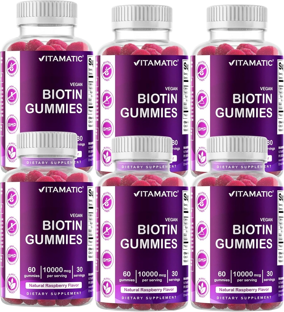 강력한 머리, 피부 & 못을 위한 비공식적인 Biotin Gummies 10,000 mcg - 60 Vegan Gummies - 또한 부르는 비타민 B7 (6 병)