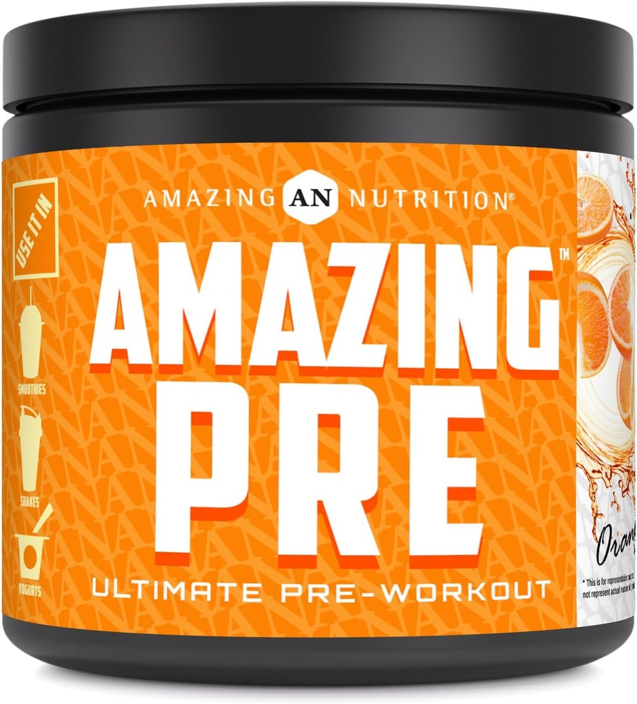 Amazing Nutrition Amazing PRE | 얼티밋 프리 운동 보충제 | 30 인분 분말 | 2.5 그램 BCAA Per 서빙 (30 인분, 천연 오렌지)