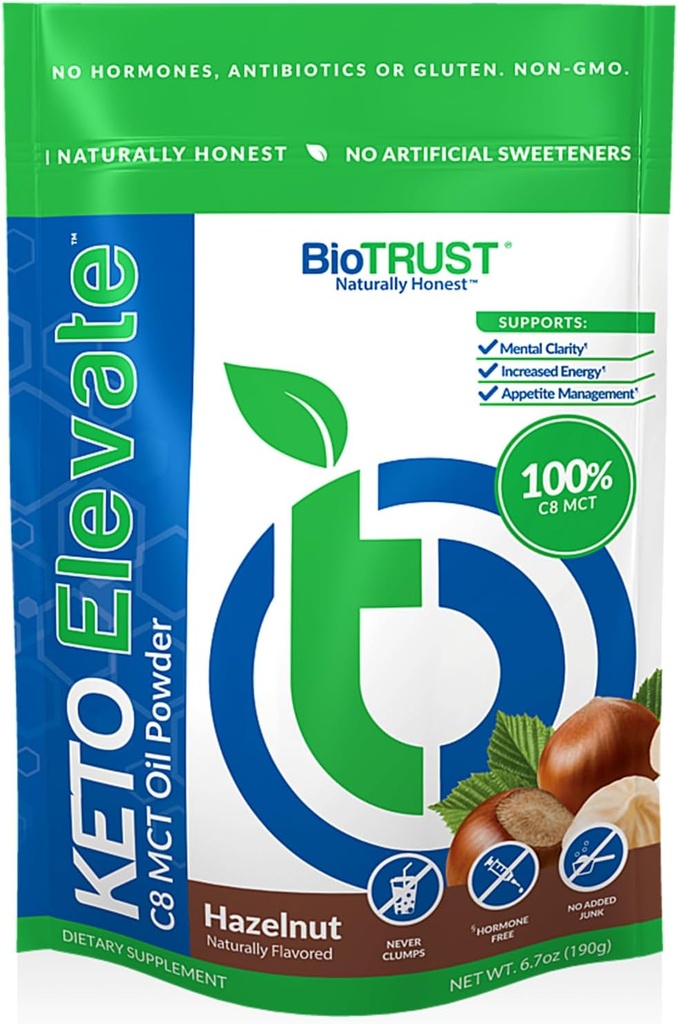BioTrust Keto Elevate – C8 MCT 오일 분말 – Ketogenic MCT 커피 크림, Keto 커피 크림 – 청정 에너지, 정신 초점 & Clarity – 100% Caprylic 산 MCT 분말, 비 GMO (하젤넛, 20 서빙)