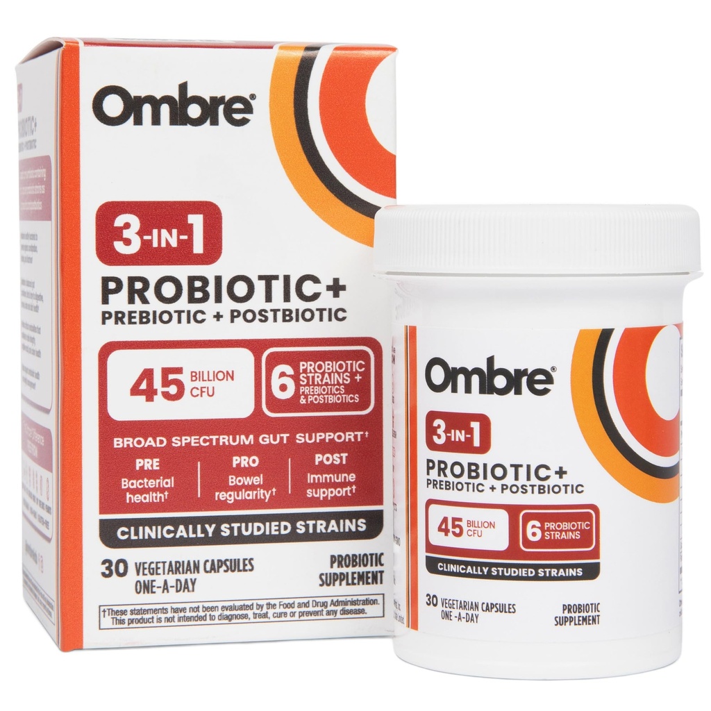 Ombre 3-in-1 Probiotic, Prebiotic 및 Postbiotic for Digestive Health & Gut Health - 45 억 CFU - Bloating, 변비 및 가스 구호 - 여성 및 남성을위한 대사 및 면역 지원, 30 일 공급