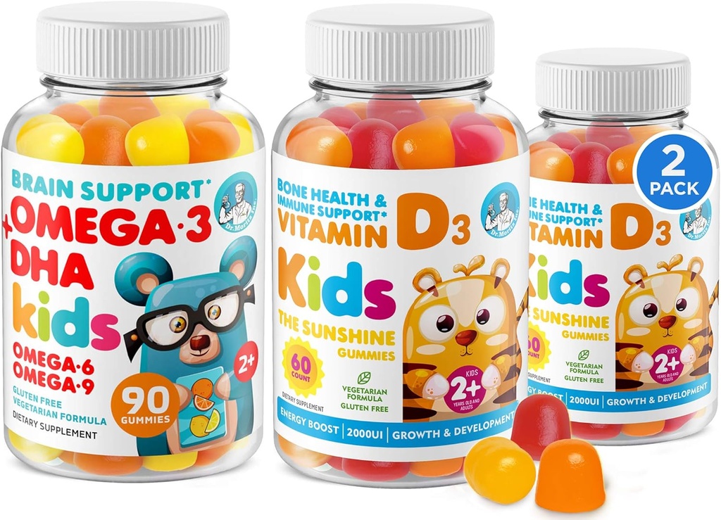 오메가 3 DHA Gummies 및 비타민 D Gummies for Kids & Adults - 물고기 기름과 글루텐 없음 무료 면역 식물 기반 섬유 Chewable