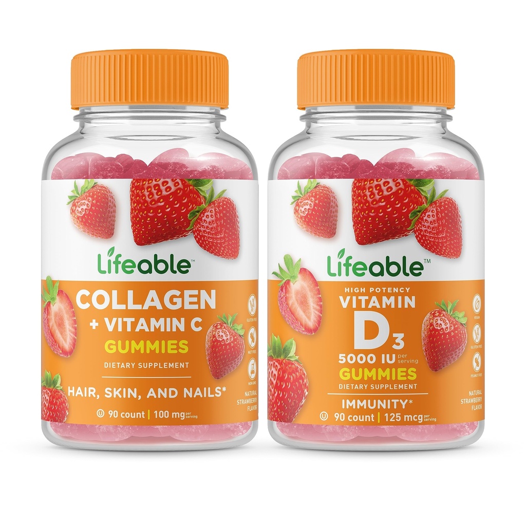 Lifeable 교원질 & 비타민 C + 비타민 D 5000 IU의 Gummies 뭉치 - 중대한 촉감, 비타민 보충교재, 글루텐 자유로운, GMO 자유로운, Chewable 거미