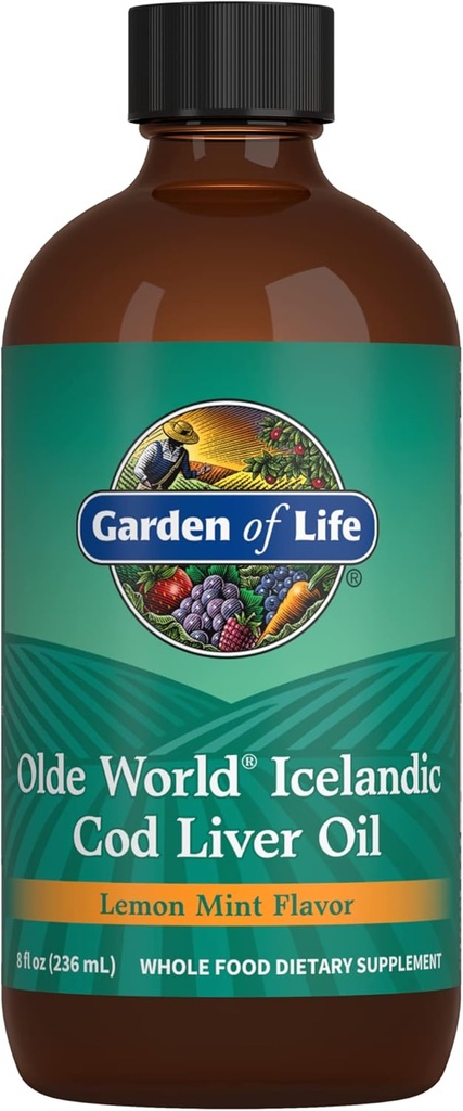 생명의 정원 Olde 세계 아이슬란드어 Cod Liver 오일 액체 - 레몬 민트 맛 - 1,000mg 오메가 3 생선 기름, 지방산, EPA, DHA, 비타민 D & A, 심장 건강을위한 CLO 보충제, 47 서빙