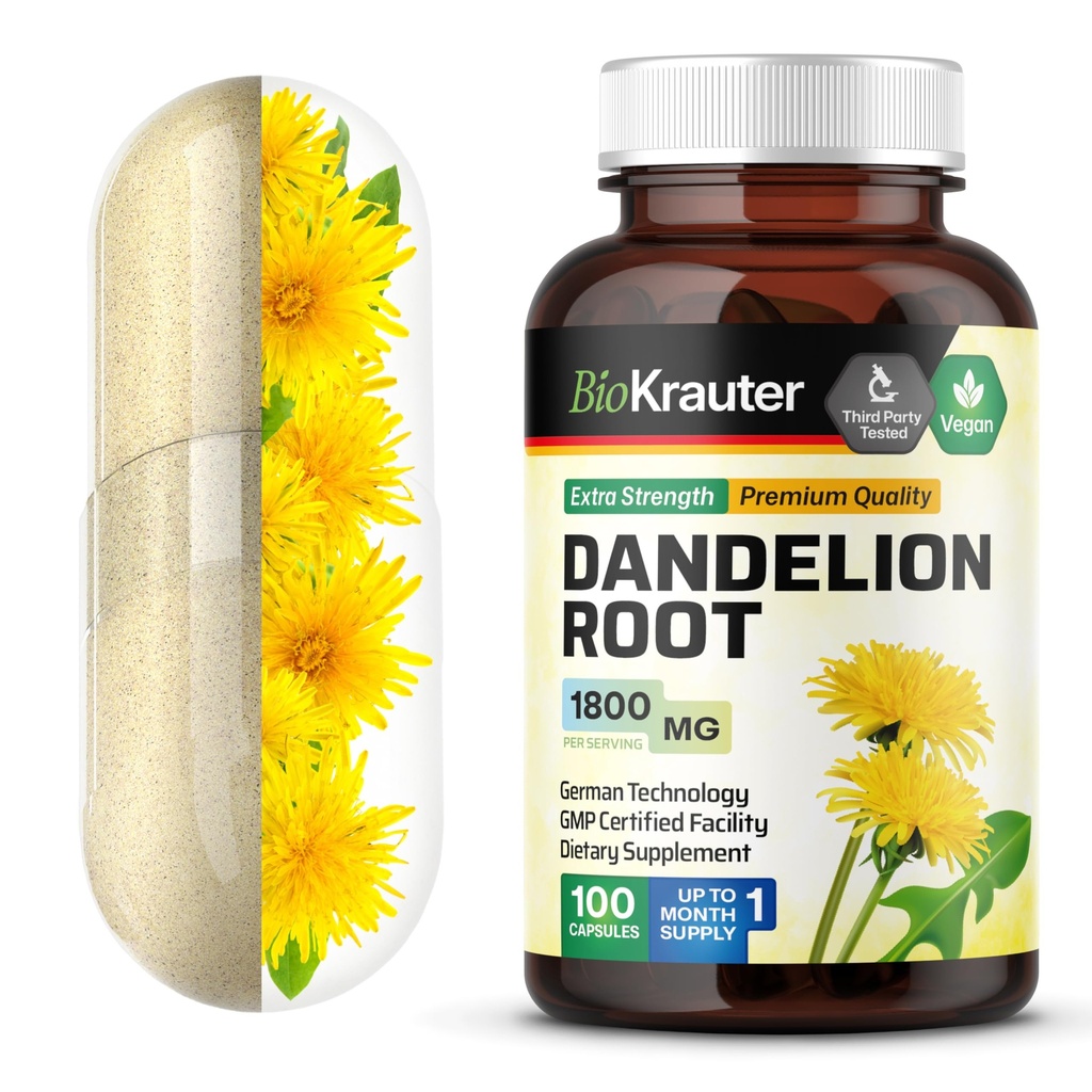BIO KRAUTER Dandelion 뿌리 캡슐 - 1800 mg 힘 - 100개 조사 - Dandelion 뿌리 보충교재 - 간호 지원을 위한 Vegan 캡슐