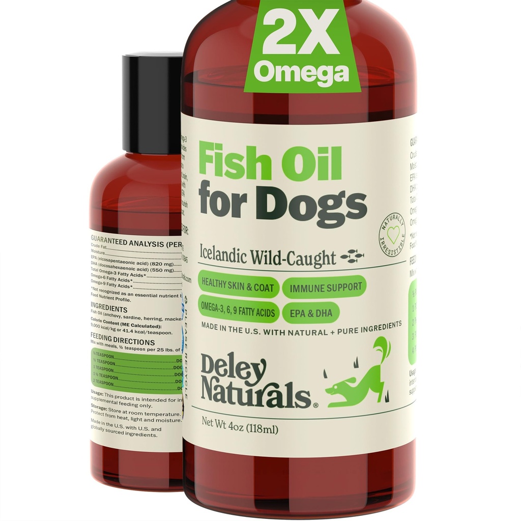 Deley Naturals Dog Fish Oil Icelandic 2X Omega - 알레르기, 코트 및 하트를위한 오메가 3 생선 오일 - 개 피부 자극을위한 오메가 3 생선 오일 - 미국에서 만든 개 4oz 오메가 오일