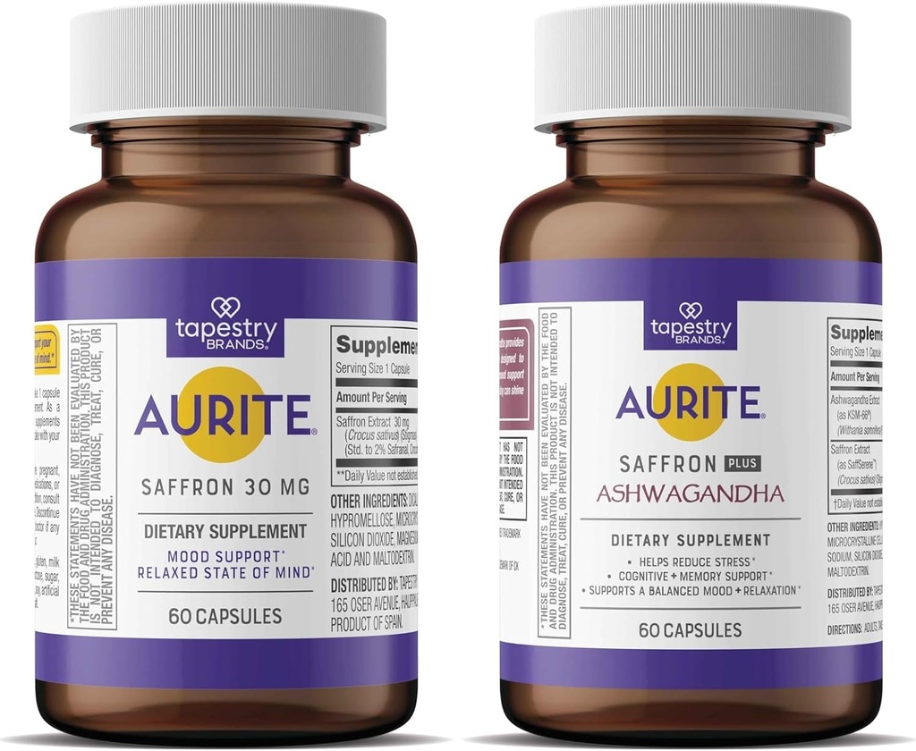 Saffron Ashwagandha & Saffron Supplement Bundle | 스트레스 관리, 무드 지원, 장기 기억. 채식 친화적 인, 비 GMO, 글루텐 프리, Soy-Free