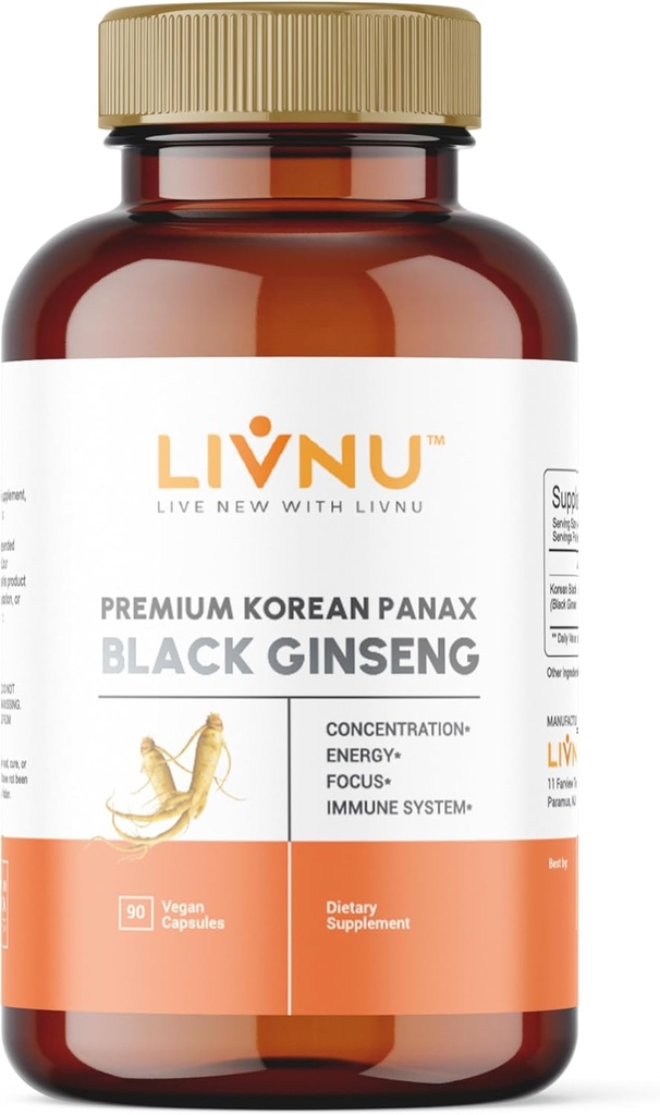 LivNu | Premium Korean Black Panax Ginseng | 에너지, 초점, 성능, 체력, 면역력 지원 | Vegan Pills