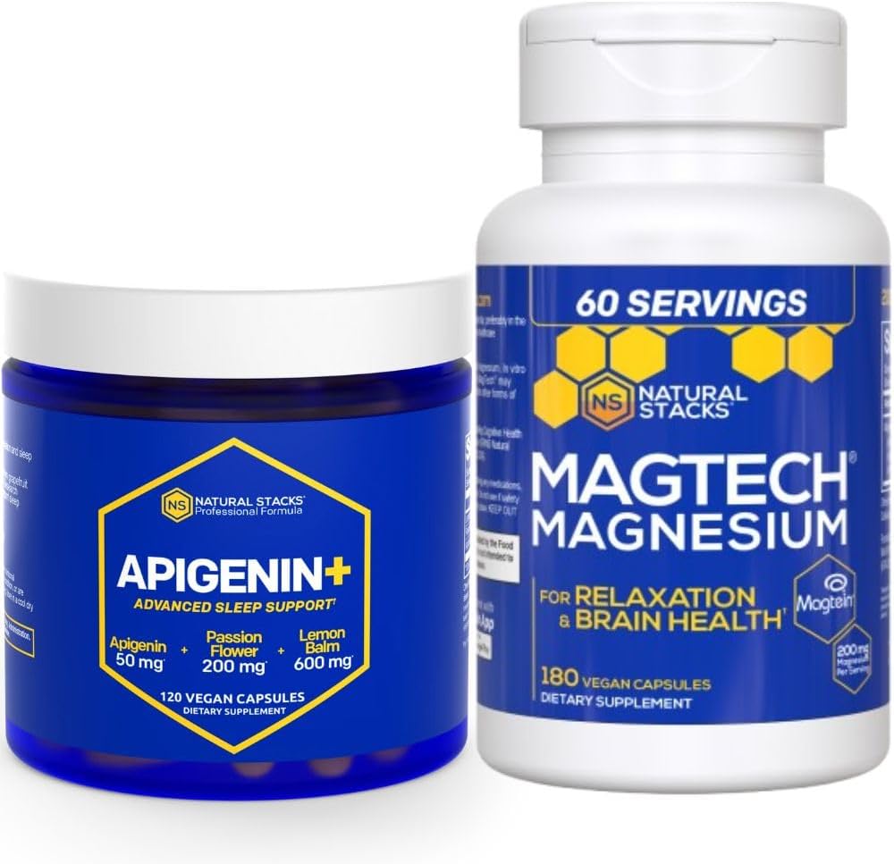 수면 + Magtech 마그네슘 보충 번들을위한 NATURAL STACKS Apigenin - 수면 및 두뇌 건강 지원 * - 300 총 캡슐