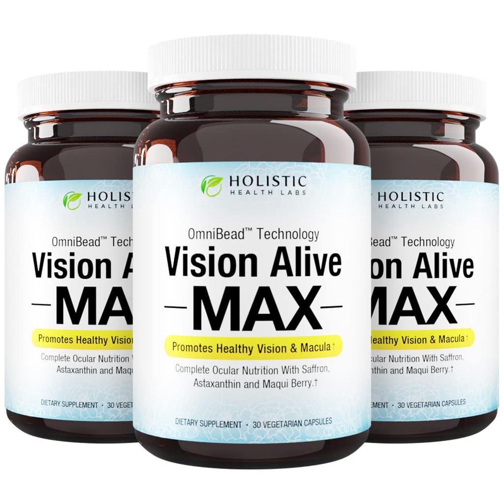 Holistic Health Labs Vision Alive Max with 8 Natural Ingredients Lutemax® 2020, Bilberry, Blueberry, Black Currant, Maqui Berry, Saffron 및 Astaxanthin (30 카운트 팩 3))