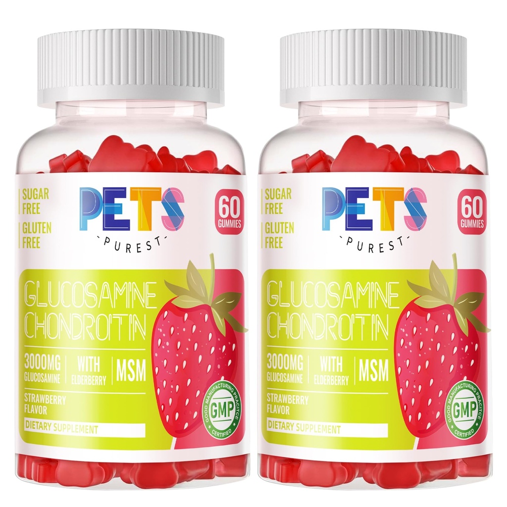 MSM & Elderberry Extra Strength를 가진 가장 순수한 글루코사민 Chondroitin Gummies - 합동 지원, 성인, 남자 & 여자를 위한 산화 방지제 면역성 지원 보충교재. (2 팩) 딸기