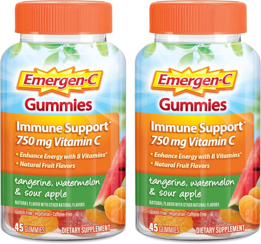 Emergen-C 비타민 C Gummies, 면역 지원, Tangerine, Watermelon 및 Sour Apple 풍미를 위한 규정식 보충교재 - 45 조사 x 2 (2의 포장)