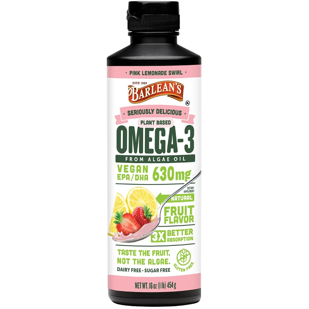 Barlean의 핑크 Lemonade Vegan 오메가 3 보충, 630 mg EPA 및 DHA와 액체 조류 오일, Algal Oil, Non-GMO 및 글루텐의 식물 기반 오메가 무료, 16 oz