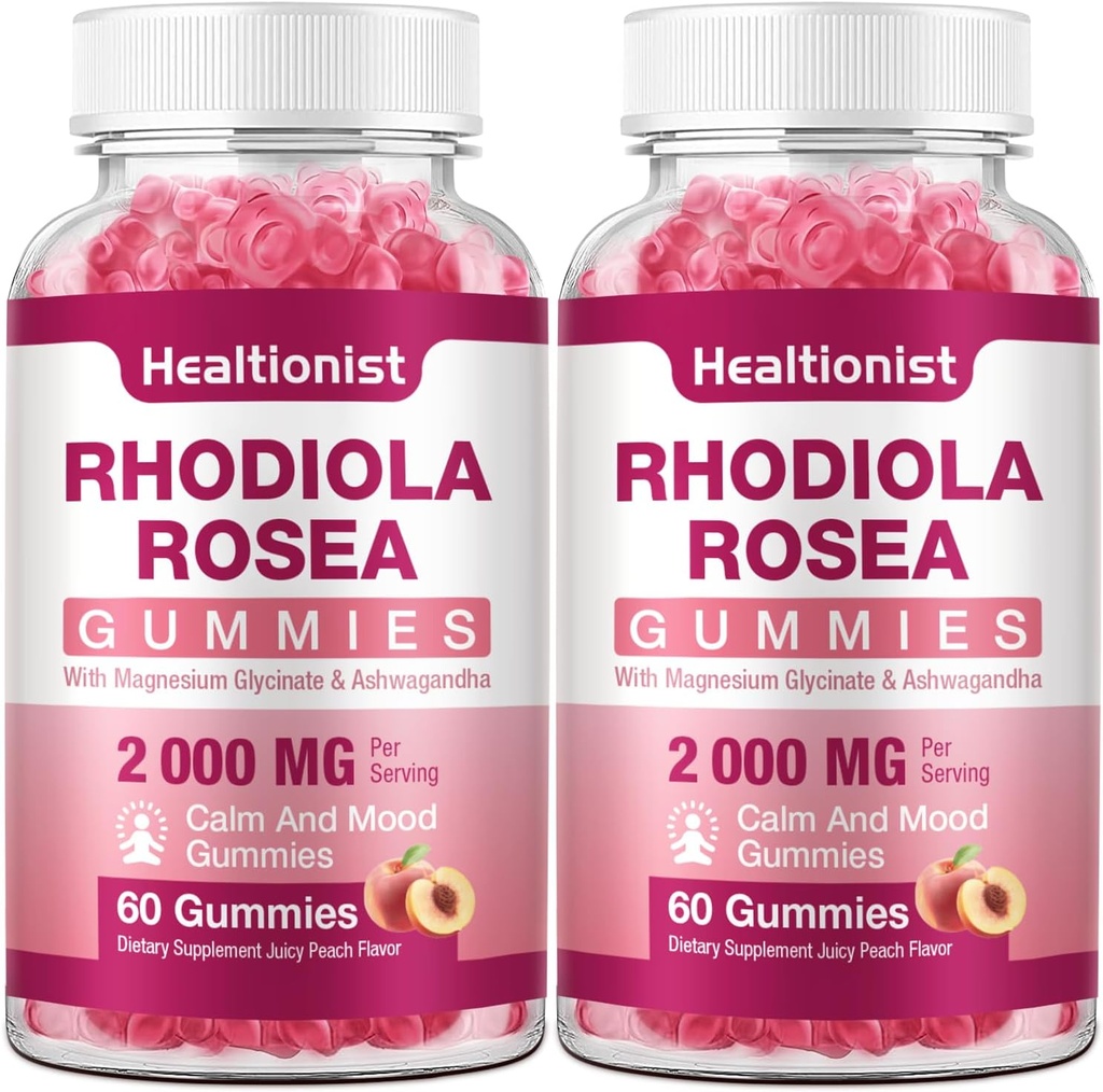 2 팩 Sugar-Free Rhodiola Rosea Gummies Adaptogenic Rhodiola Rosea Supplement & Cortisol Blocker 성능, 체력, 무드 및 동기 부여 - Non-GMO, 120 Vegan Chews