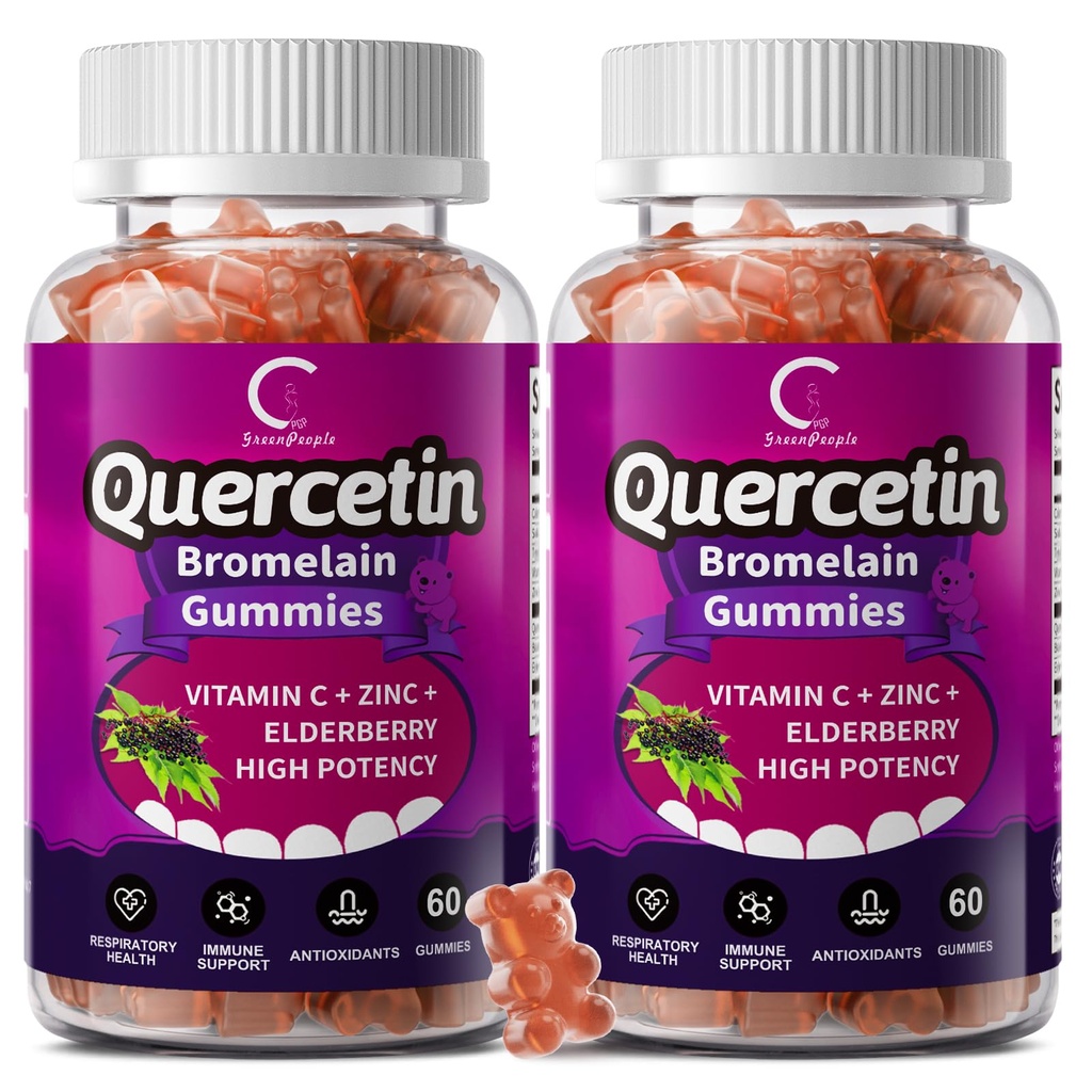 Quercetin Gummies - Bromelain, 비타민 C, 아연 및 Elderberry, 추가 강도 면역 체계 승압기, Lung 지원은 성인 아이를 위해 보충합니다 - 60 Quercetin Gummies (2 팩)