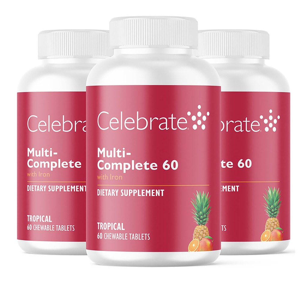 Celebrate Vitamins Multi-Complete Chewables, 60mg Iron - 소매 Gastrectomy & Gastric Bypass Surgery 환자를위한 매일 Bariatric Multivitamin - 필수 비타민 및 미네랄 - 열대 (180 정제)