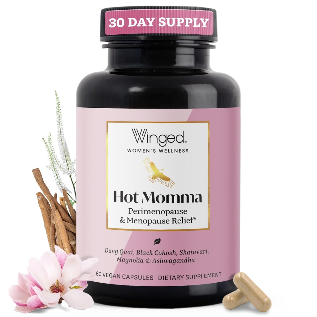 Winged Wellness Hot Momma Menopause는 여성을 위해 보충합니다 - Chaste Tree Berry, Multivitamins & More - 60 Vegan 캡슐을 가진 뜨거운 섬광 & 밤 땀을 위한 호르몬 자유로운 Menopause 안전 지원